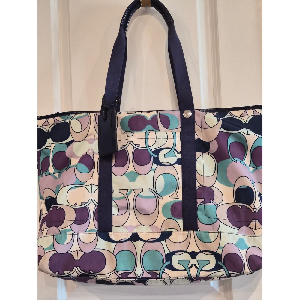 Coach Poppy Optic C Signature Tote Bag Multi-Color Purple Teal Nylon Large